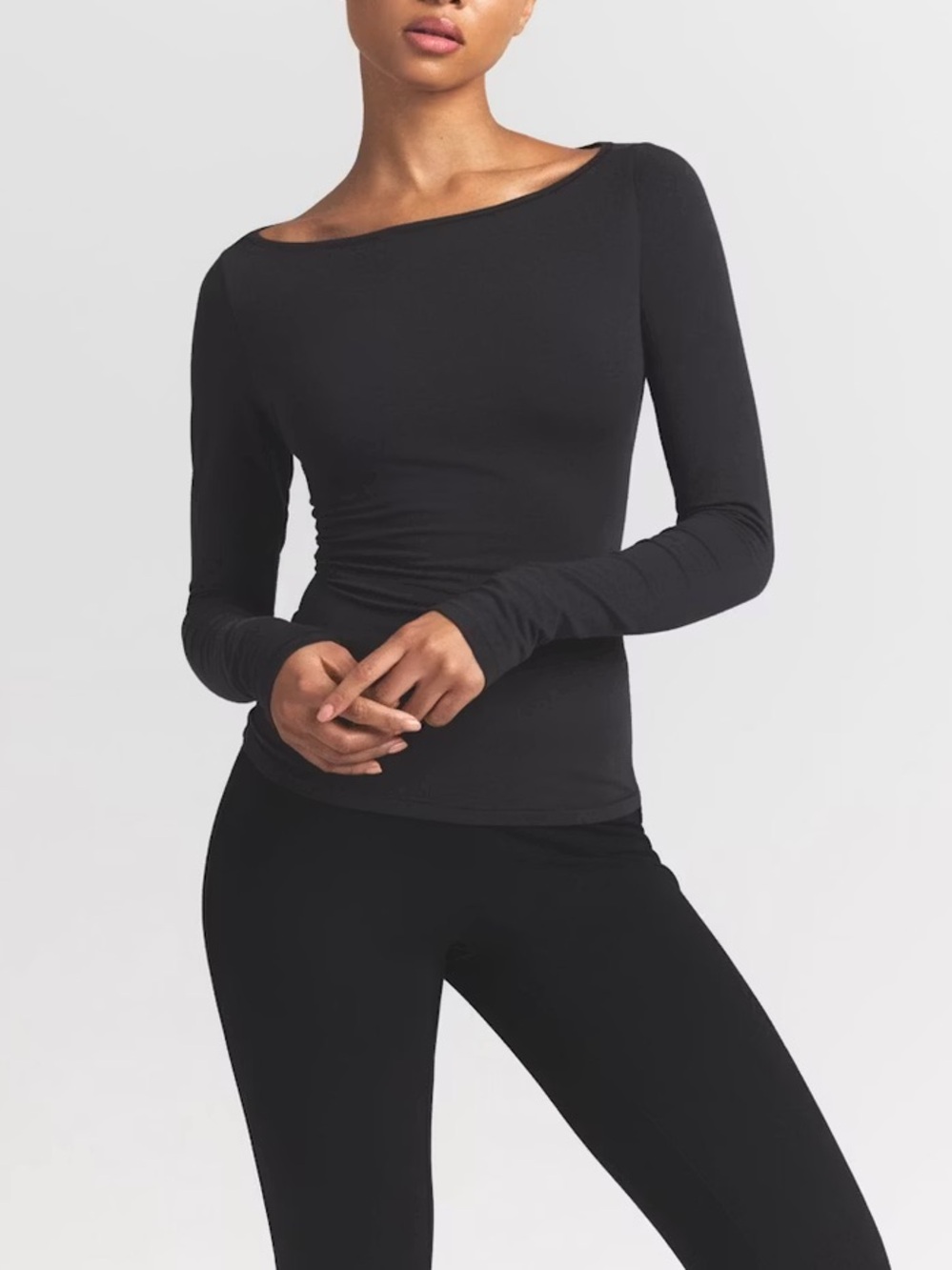 NWT SKIMS Cotton Jersey Long Sleeve Boatneck Top Small Soot - Picture 2 of 5